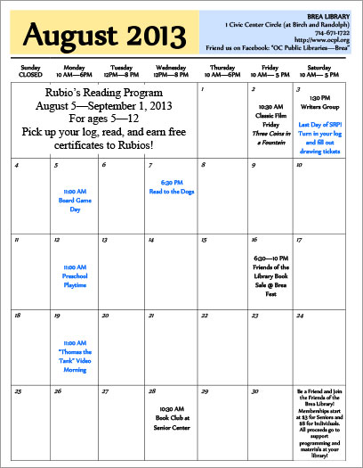 Brea Library August Calendar