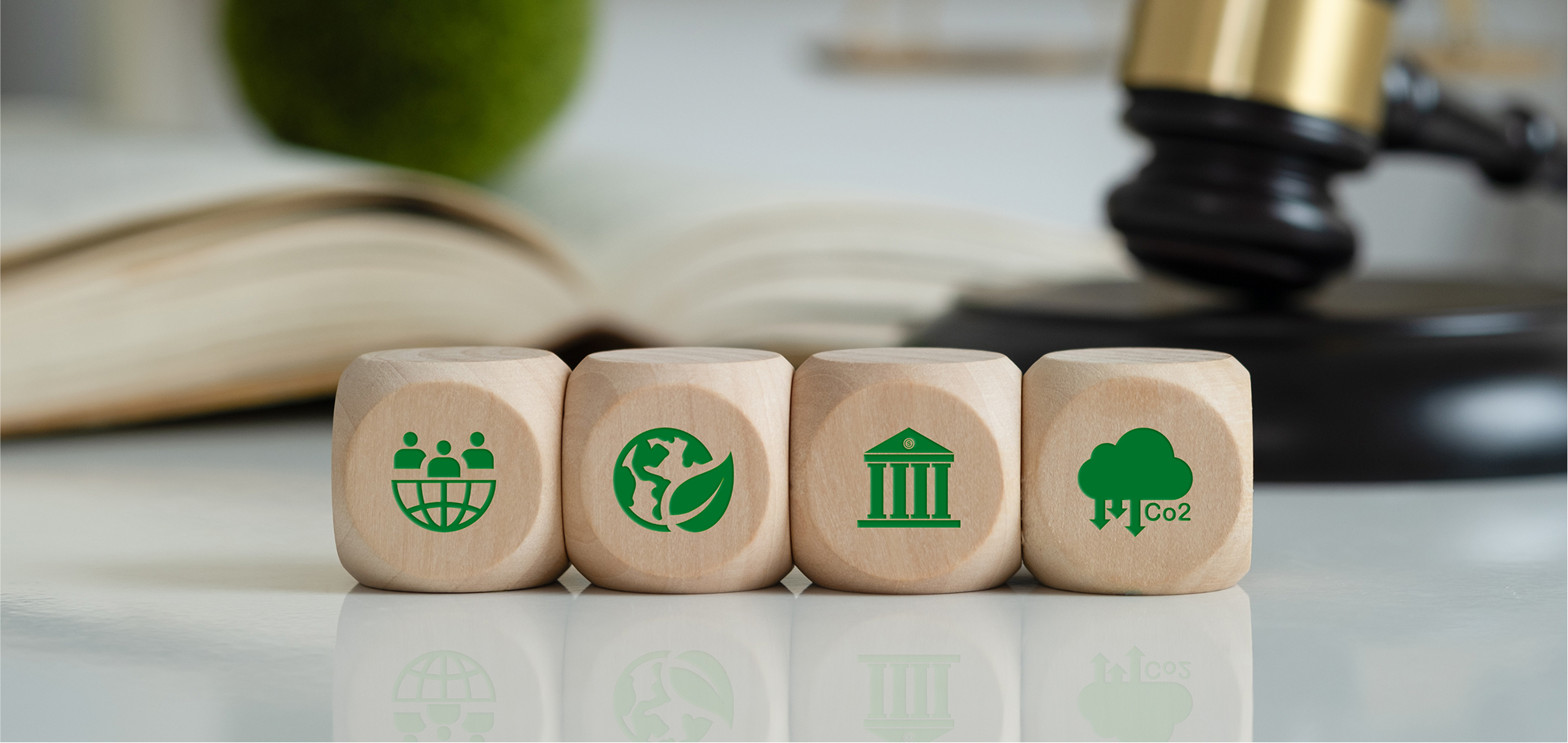 Wooden blocks with icons for community, environment, policy, and CO2 reduction